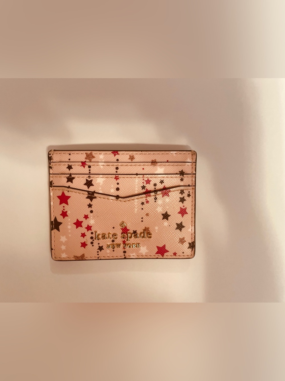 Kate Spade NY Small Slim Card Holder Twinkle Stars Glitter Printed Pink Wallet